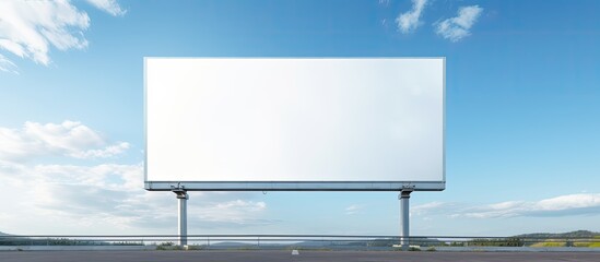 Poster - Billboard mockup with empty white screen on cloudy blue sky background for advertising purposes. Ideal for business concepts, featuring copy space image.