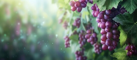 Aufkleber - Cluster of grapes hanging from the vine alongside verdant foliage, creating a picturesque scene with copy space image.