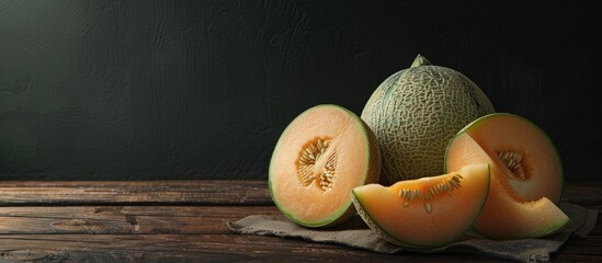 Sticker - Fresh honey melons, whole and sliced, displayed on a wooden table with a black background, embody the essence of summer with a copy space image. A delicious and healthy fruit choice.