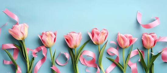 Wall Mural - Tulips and ribbons arranged on a blue backdrop, providing a visually appealing composition with copy space image.