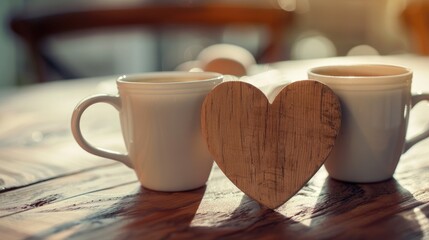 Canvas Print - Wooden heart beside coffee cups on table