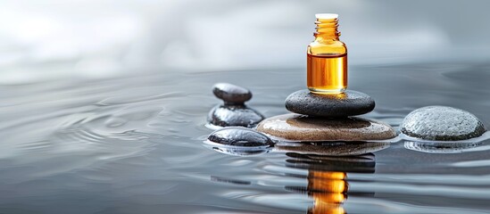 Poster - Close-up view of a bottle of face serum, spa stones in water, and a light background, perfect for text placement in a copy space image.