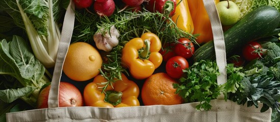 Aufkleber - Textile bag filled with various groceries and vegetables, allowing space for text or images.