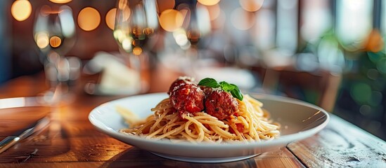 Aufkleber - Selective focus on a plate of spaghetti and meatballs on a table with a copy space image available.