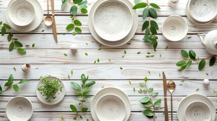 Canvas Print - Handmade ceramic dinnerware on white wooden background decorated with greenery top view