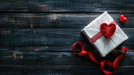 Poster - Valentine s Day Composition with White Gift Box Red Ribbon and Toy Heart on Dark Wooden Background