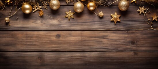 Poster - Top view of Christmas decorations on a wooden background with a copy space image.