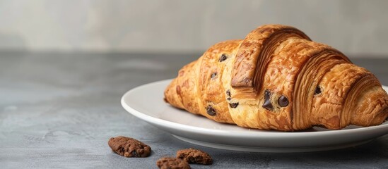 Wall Mural - A croissant and a cookie are displayed on a plate on the table with a copy space image available.