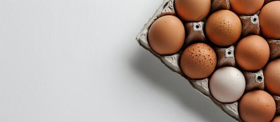 Canvas Print - Eggs, fresh and appetizing, arranged in egg cartons on a white background with copy space image.