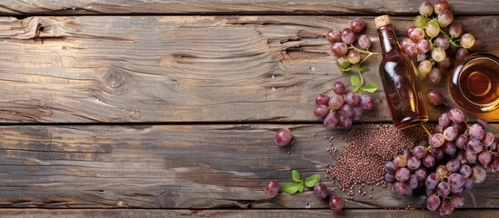 Poster - A rustic background with grape seed oil, grist, and bunches displayed on weathered wood with copy space image.