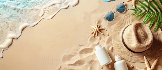 Poster - Summer holiday concept with sunscreen, sunglasses, and a hat on the sandy beach, top view with a copy space image, an article about summer travel.