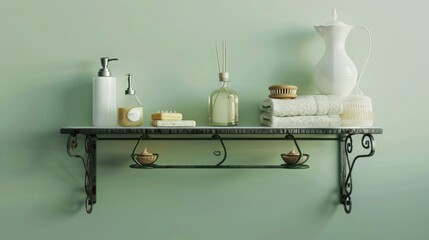 Wall Mural - A chic iron bathroom hanging shelf with soaps and creams, set against a light green background. This shelf enhances bathroom functionality and aesthetics.