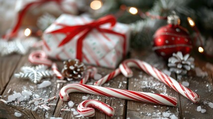 Sticker - Gifts and candy canes for Christmas on a wooden surface