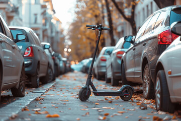 Electric scooter parked among cars in a big city, urban transportation