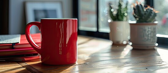 Aufkleber - Large red mug and book on a desk with copy space image.