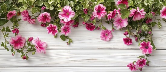 Wall Mural - Beautiful pink flowers displayed on a white wooden backdrop with copy space image.