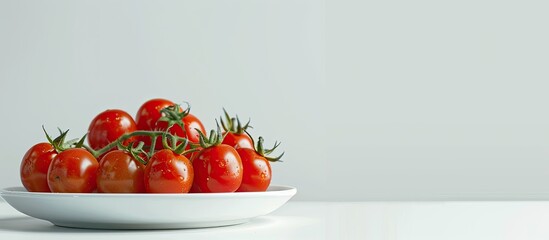Poster - Cherry tomatoes beautifully arranged on a plate against a white table with ample copy space image.