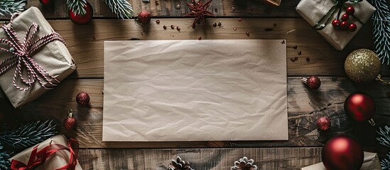 Poster - Christmas letter to Santa Claus displayed on a wooden table, surrounded by festive decorations and a blank area for additional content, known as copy space image.
