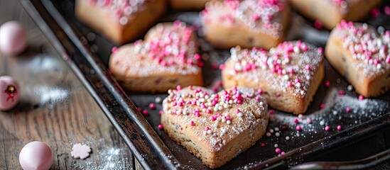 Poster - Create heart-shaped Valentine's Day cookies with a step-by-step recipe, using a mold for shaping and sprinkles for decoration in a copy space image.