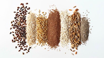 Poster - Organic cereal and grain seeds in a white and brown arrangement on white background