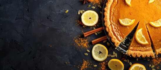 Poster - Delicious and healthy pumpkin pie with lemon zest, seeds, cinnamon, and fragrant spices on a dark background, with copy space image.