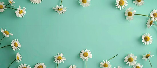 Poster - Chamomile pattern on soft green backdrop with copy space image, conveying a spring or summer theme in a flat lay style.