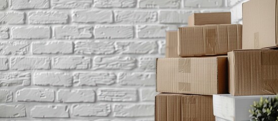 Aufkleber - Close-up photo of cardboard boxes displayed against a white brick wall with ample copy space image.
