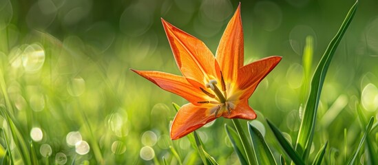Poster - Close-up of an orange tulip flower in a star shape, set against a blurred green grass backdrop, creating a colorful floral scene for the spring season with copy space image.