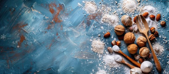 Poster - Blue background with powdered sugar-dusted nuts and ceramic utensils displayed at the center, perfect for a festive holiday-themed copy space image.