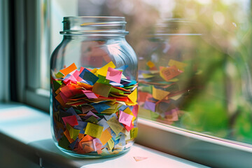 a glass jar filled with colorful slips of paper, each containing a cherished memory or message from 
