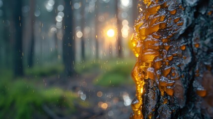 Wall Mural - Golden Resin Dripping on a Tree in a Misty Forest