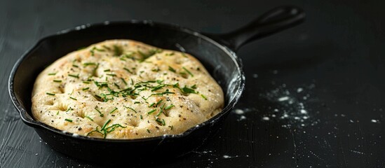 Poster - Copy space image of homemade organic Focaccia dough rising in a skillet iron pan against a black background.