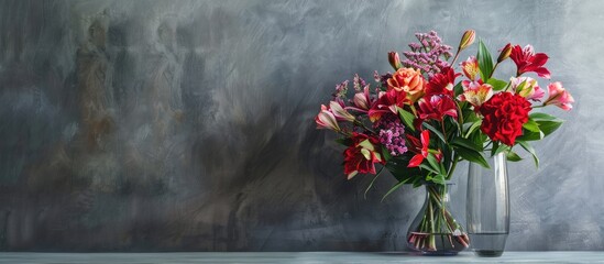 Poster - Bouquet of flowers in vase against gray wall, with copy space image.