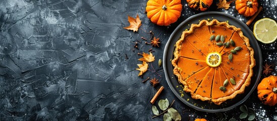 Poster - Delicious and healthy pumpkin pie with lemon zest, seeds, cinnamon, and fragrant spices on a dark background, with copy space image.