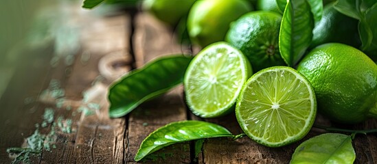 Poster - Close-up of fresh ripe limes and green leaves on a wooden table with ample copy space image.