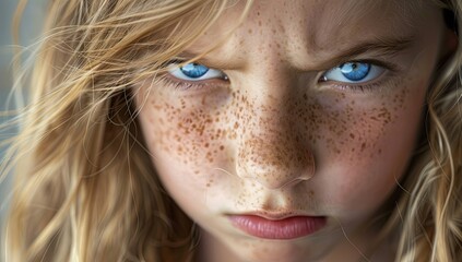 Canvas Print - A young girl with blue eyes and red spots on her face