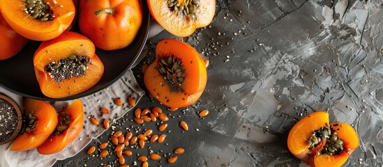 Poster - Flat lay of a tasty dessert featuring persimmon and chia seeds on a table with ample space for text alongside the image.