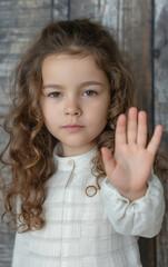 Little girl with curly hair raising her hand in a stop gesture against wooden background. Child expression, stop gesture, antibullying, awareness, childhood emotion, educational concept.