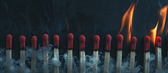 Poster - An aerial view of burning and unburned matches in a row, showcasing the process of combustion with copy space image.
