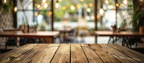 Wall Mural - Brown wooden table with blur background at a cafe, perfect for product display montage with copy space image.