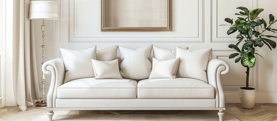 Poster - Elegant sofa and mirror are placed against a light wall in a living room interior with a blurred background, ideal as a copy space image.