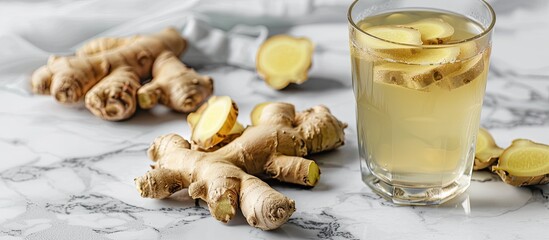 Poster - Detox drink: glass of ginger water on a marble table with copy space image.