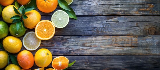 Poster - Citrus fruits arranged on a wooden table with ample space for text or graphics in the background.