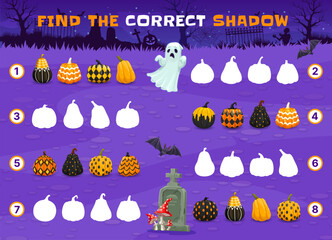 Poster - Find the correct shadow of Halloween patterned pumpkins on cemetery and spooky ghost. Cartoon kids vector game worksheet for children logic activity, educational riddle for logical mind development