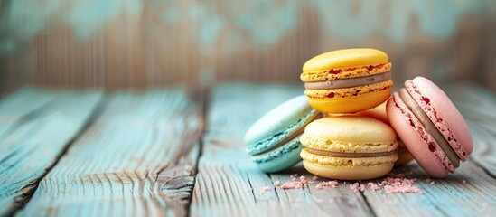 Poster - Colorful assortment of French macarons in pastel hues displayed on a wooden surface with selective focus on five delicious treats, offering room for additional elements in the image.