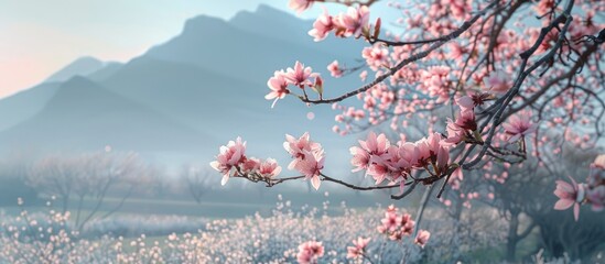 Aufkleber - Almond tree in bloom with mountain in the background, perfect for copy space image.