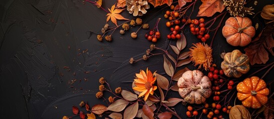 Poster - Fall-themed arrangement with dried leaves, pumpkins, flowers, and rowan berries on a black background. Featuring autumn, Halloween, and Thanksgiving elements. Top-down view with room for additional