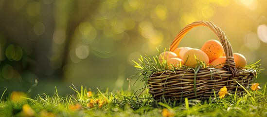 Aufkleber - Easter concept with yellow and orange eggs in a wicker basket on green grass background. Hidden eggs found with copy space image.