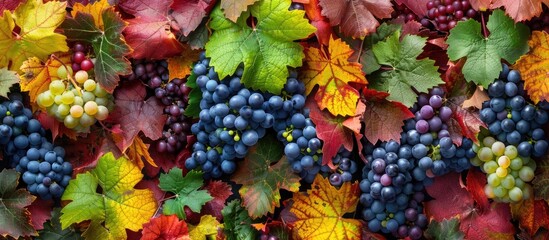 Poster - close-up of various colored wild grapes with leaves in green, orange, yellow, and red, alongside dar
