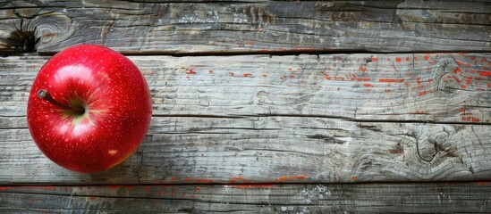 Poster - Apple with red glossy skin displayed on a rustic wooden surface with a blank area for text or images, ideal for backgrounds or marketing content. image with copy space